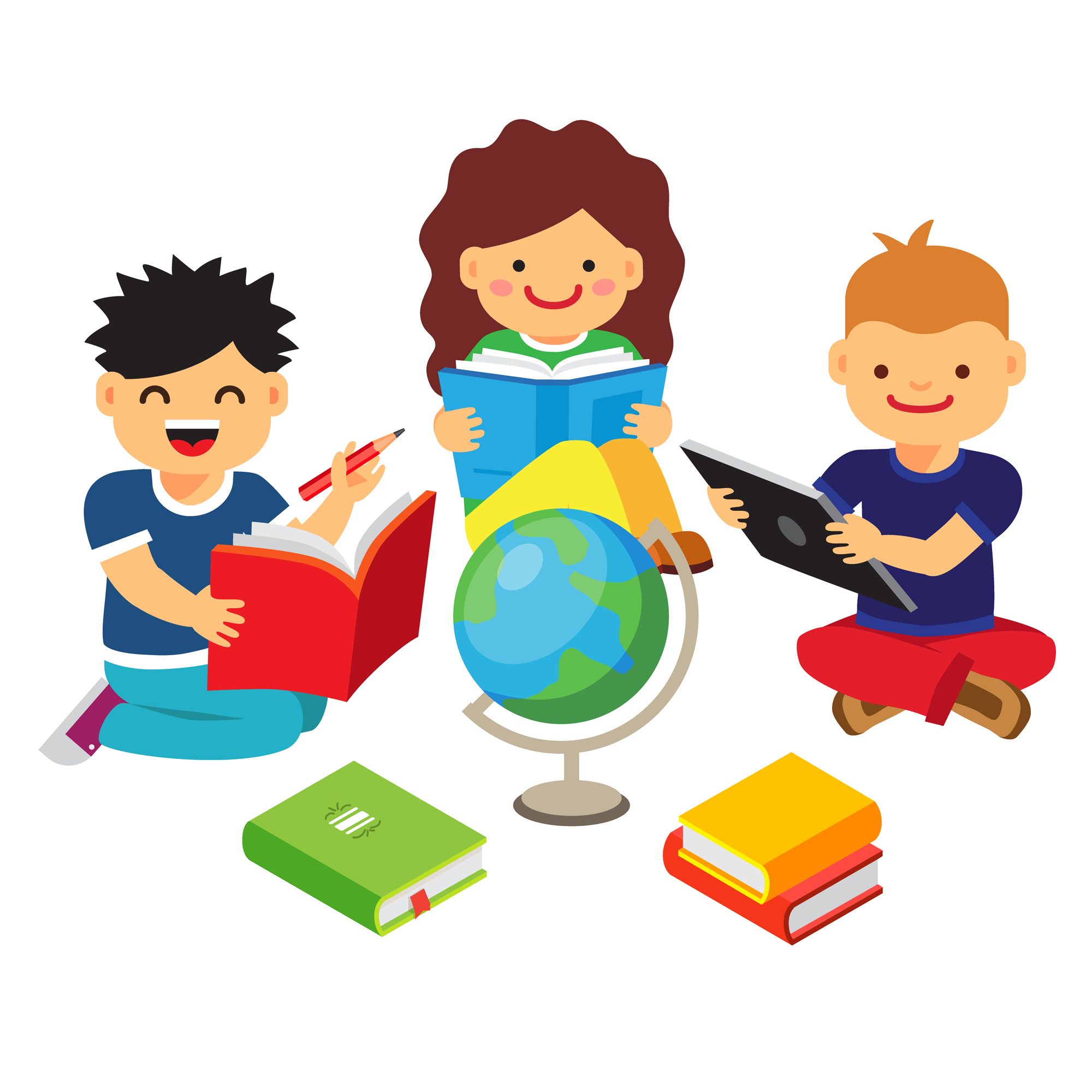 Group of kids studying and learning together Group of kids studying and learning together. Boys and girl reading books and doing homework. Flat style vector illustration isolated on white background.
